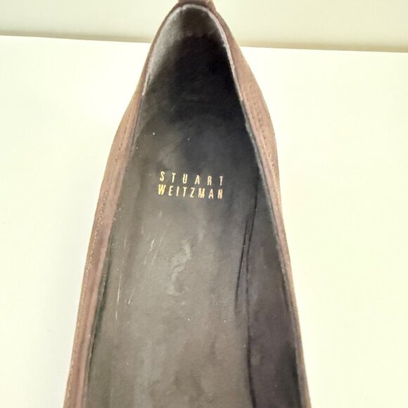 STUART WEITZMAN Women’s 9 Dark Brown Suede Pleated Gold Bow Wedge Heel Shoes - Picture 14 of 16